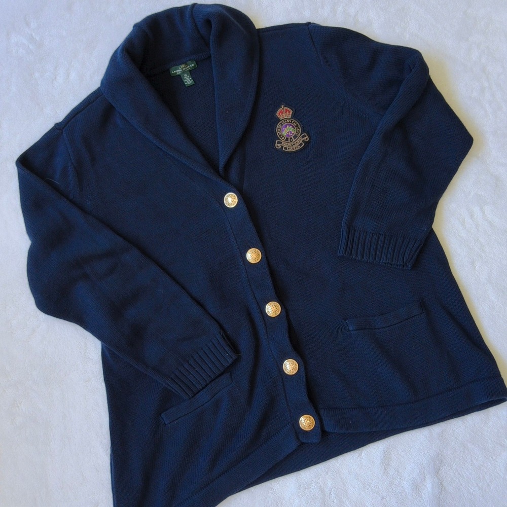 Lauren Ralph Lauren Cardigan Women 3X Navy Blue Shawl Collar Crest Gold Button